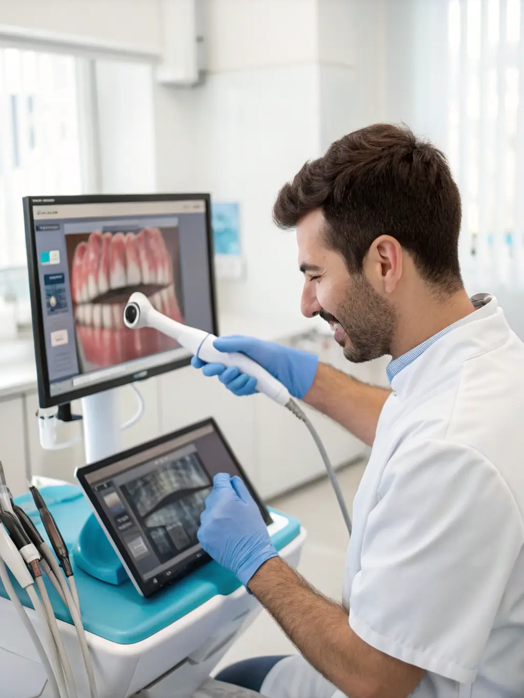 A dentist using a handheld 3D scanner (Trios 3Shape Cordless) to take a digital impression of a patient's teeth, showcasing the modern technology used at White Pearl Dental Practice.